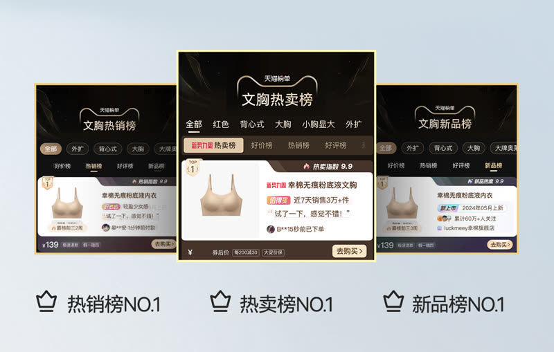 无肩带内衣、外扩内衣品类全国全网销量第一